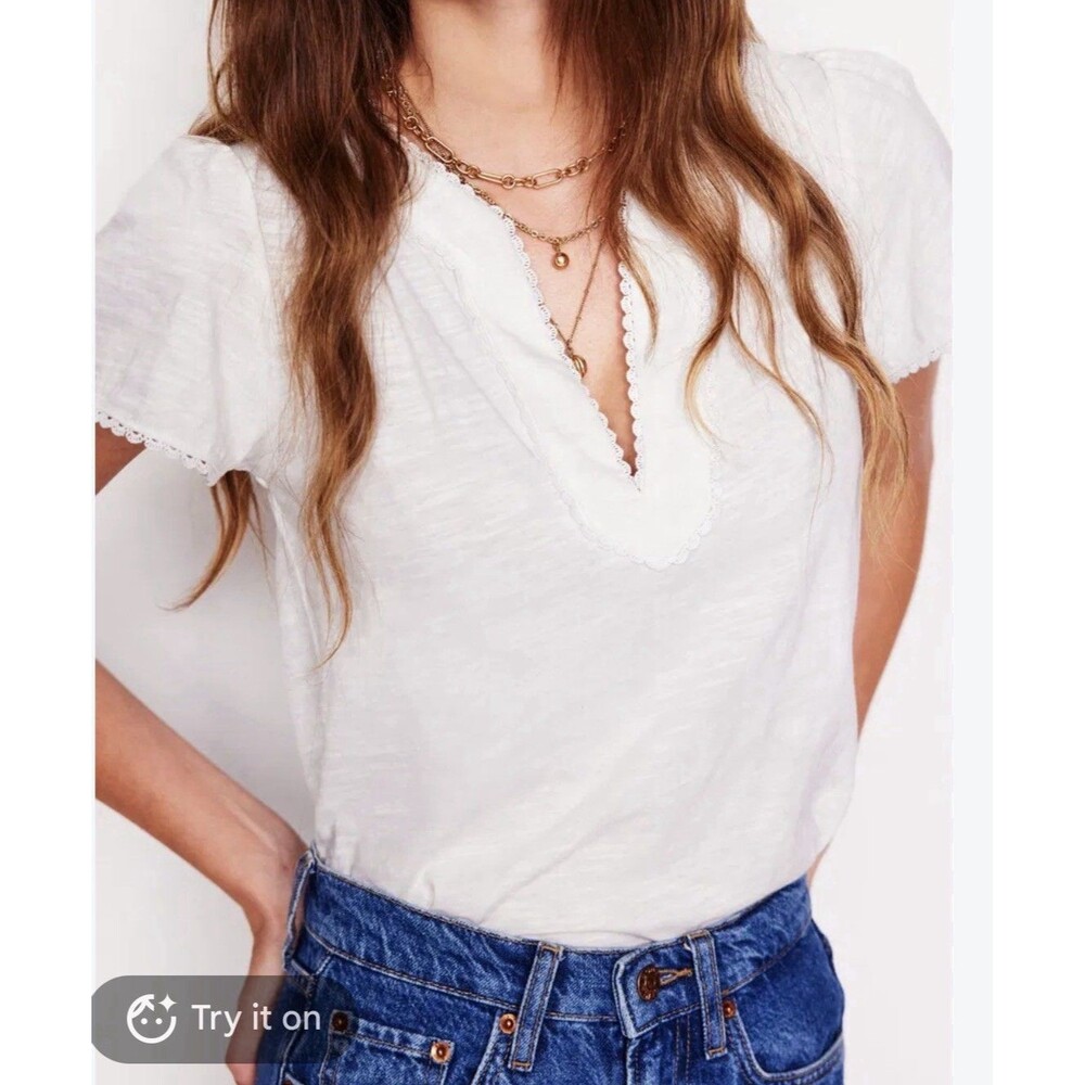 Boden Top Size 8 White V-neck Short Sleeve Ava Trim Top| Casual, Minimalist